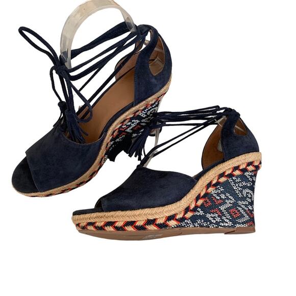 CAbi Isla Navy Suede Aztec Embroidered Espadrille Wedge Heels 7.5 NWOT - Picture 7 of 10